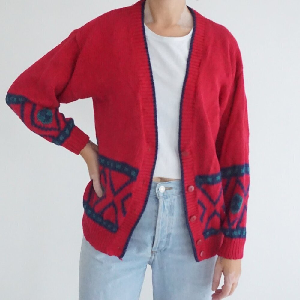 Vintage Gina Peters Red Geometric Southwestern Button Front Knit Cardigan M